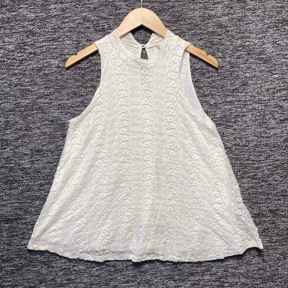 Allison Joy Lace Tank Top Womens Medium‎ White Mock Neck Sleeveless Boho Blouse
